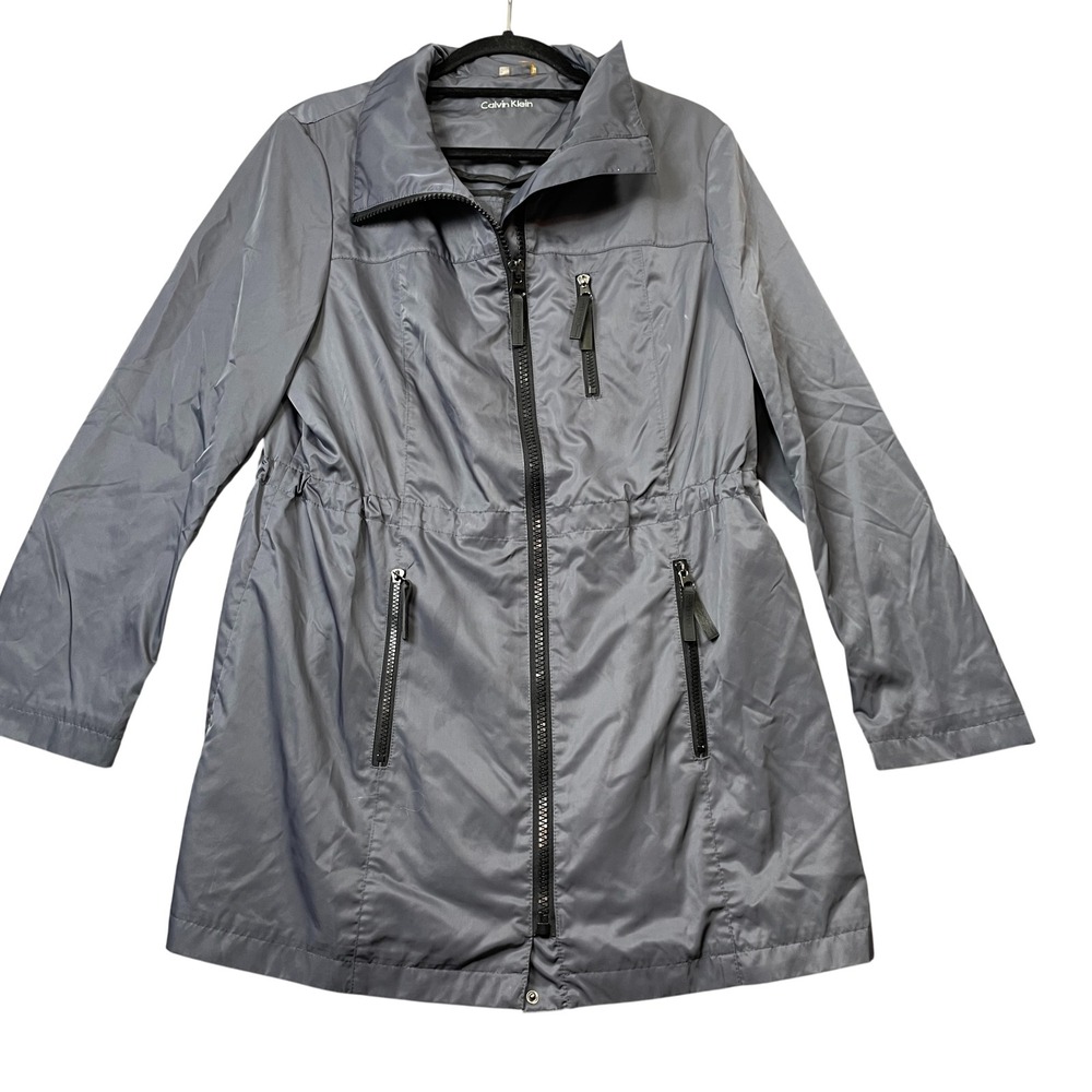 Calvin Klein Women's Hooded Trench Coat Rain Jacket Grey Iridescent Full Zipper‎